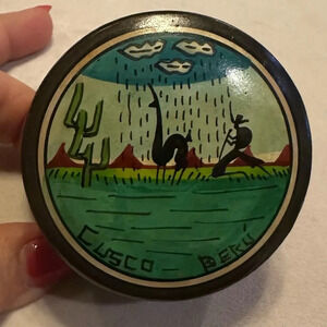 Collectible vintage clay painted trinket box from Cusco Peru - lama design